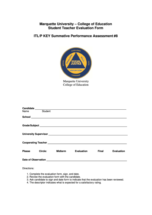Student Teacher Evaluation Form Printable pdf