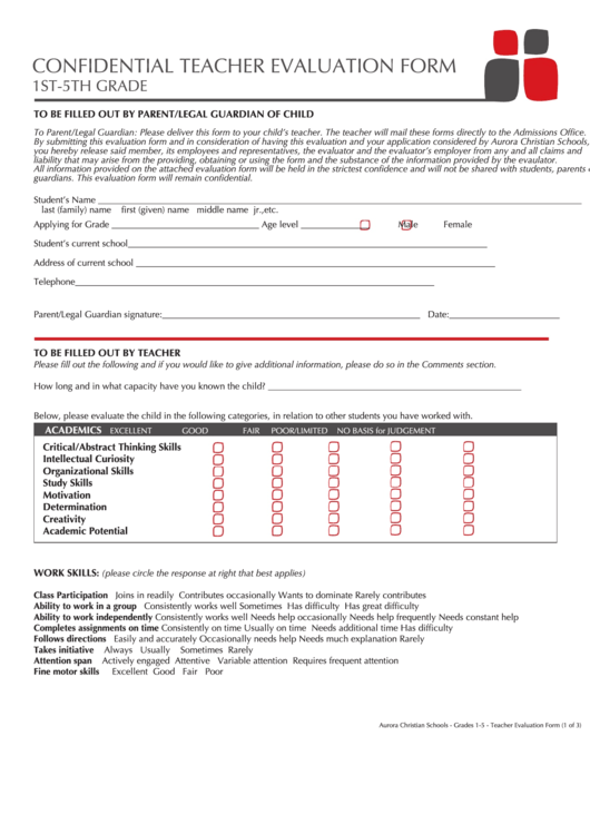 Confidential Teacher Evaluation Form 1st-5th Grade Printable pdf