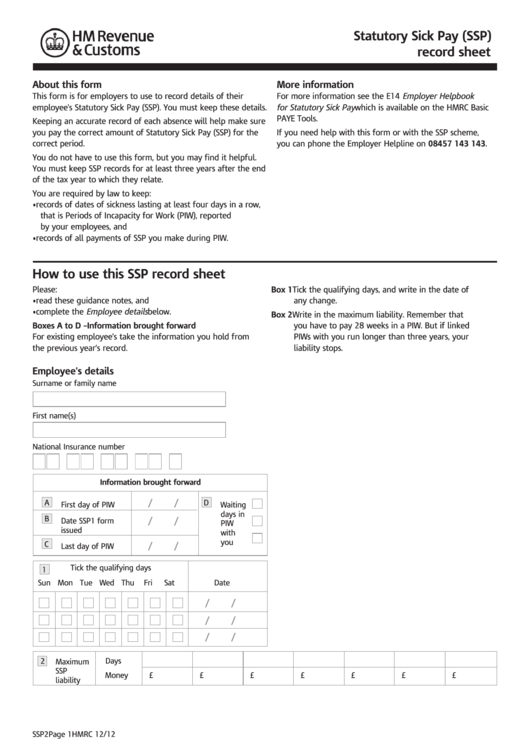 Statutory Sick Pay Ssp Record Sheet Printable pdf