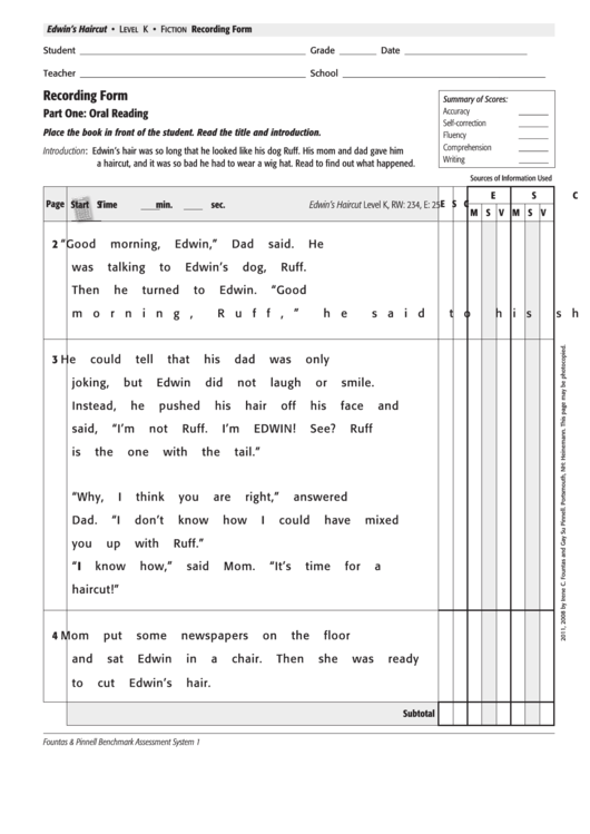 Recording Form For Oral Reading Printable pdf