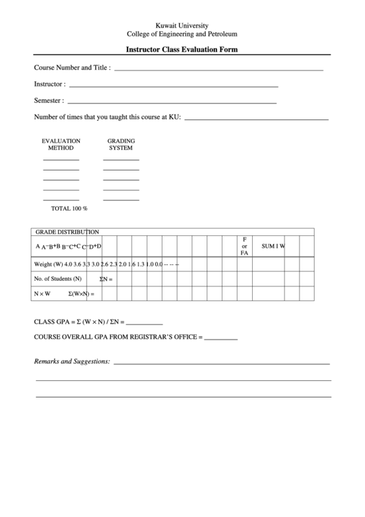 Instructor Class Evaluation Form
