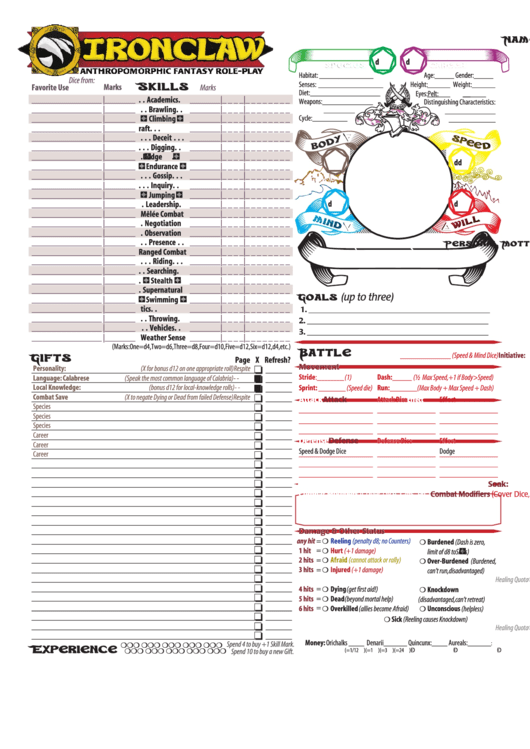 Ironclaw Character Sheet Printable pdf