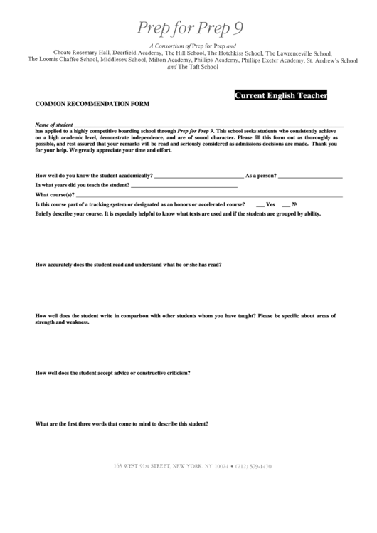 Fillable Common Recommendation Form Printable pdf