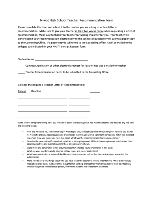 Niwot High School Teacher Recommendation Form Printable pdf