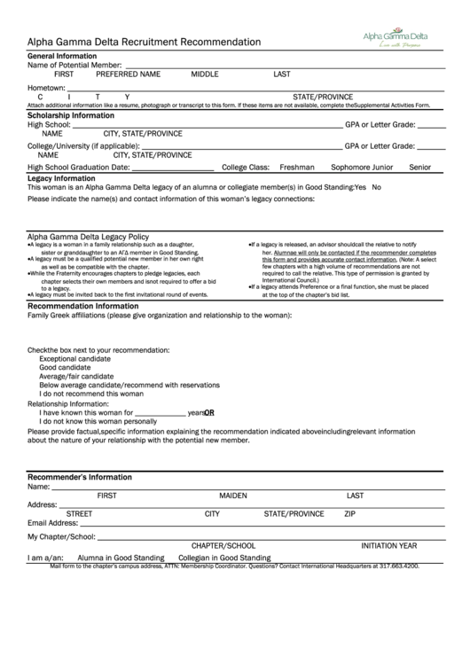 Fillable Alpha Gamma Delta Recruitment Recommendation Form Printable pdf
