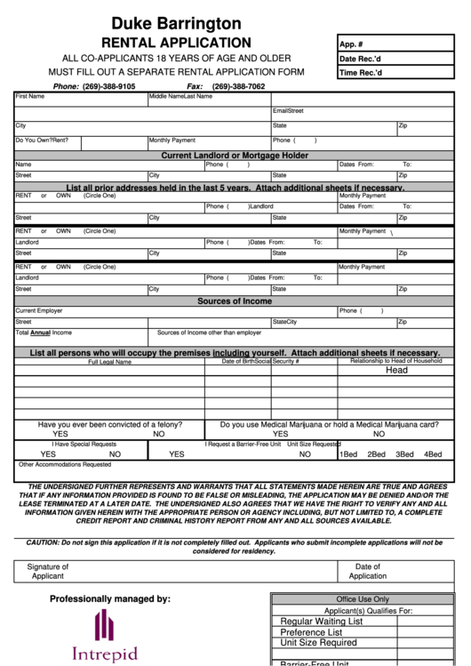 Fillable Duke Barrington Rental Application Printable pdf