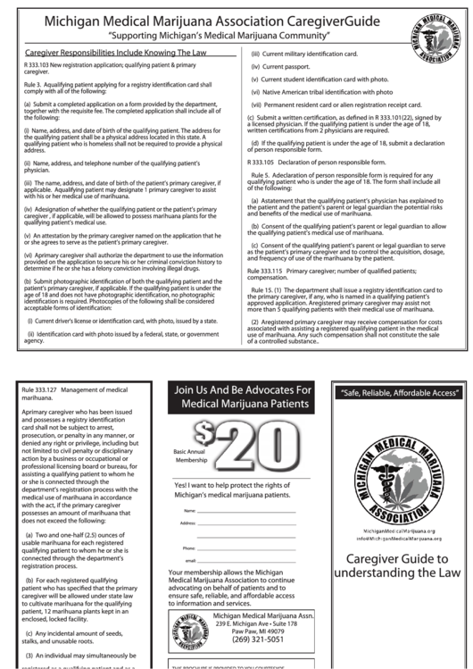Michigan Medical Marijuana Association Caregiver Guide Membership Form Printable pdf