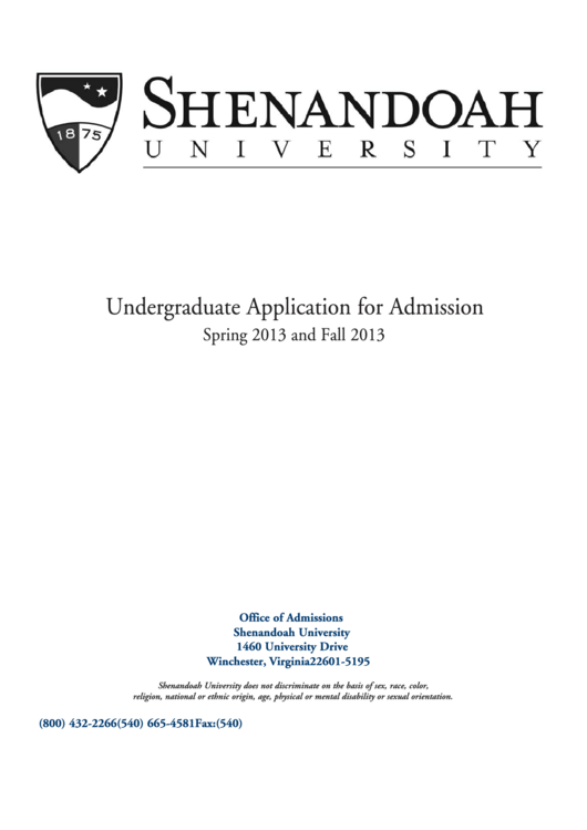 Shenandoah Undergraduate Application For Admission Printable pdf