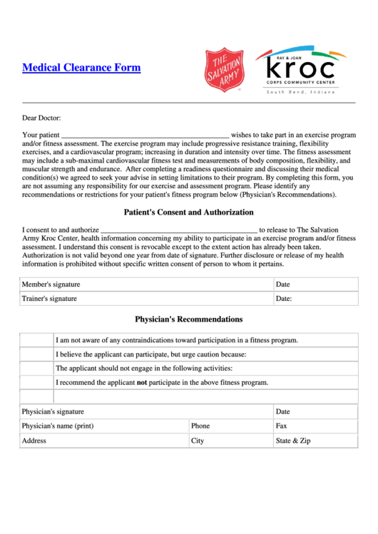 Medical Clearance Form Printable pdf