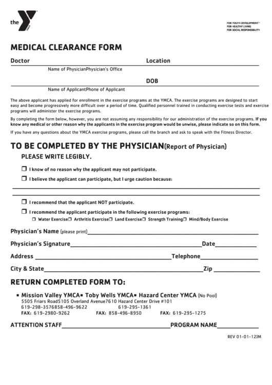 Ymca Medical Clearance Form Printable pdf