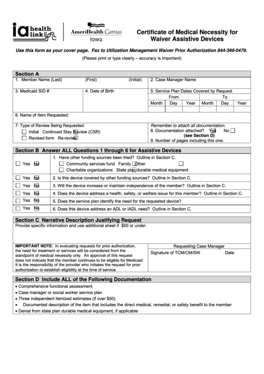 Ia Health Link Certificate Of Medical Necessity For Waiver Assistive Devices Template Printable pdf