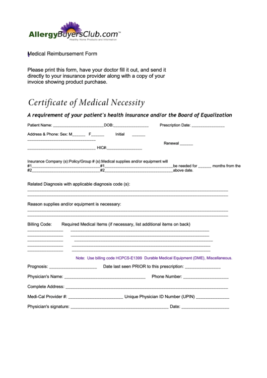 Certificate Of Medical Necessity Printable pdf