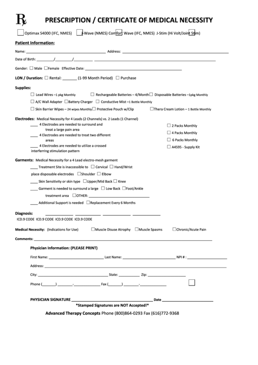 Prescription / Certificate Of Medical Necessity Printable pdf