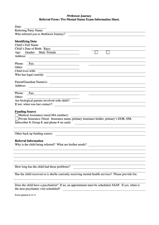 Fillable Referral Form / Pre-Mental Status Exam Information Sheet Printable pdf