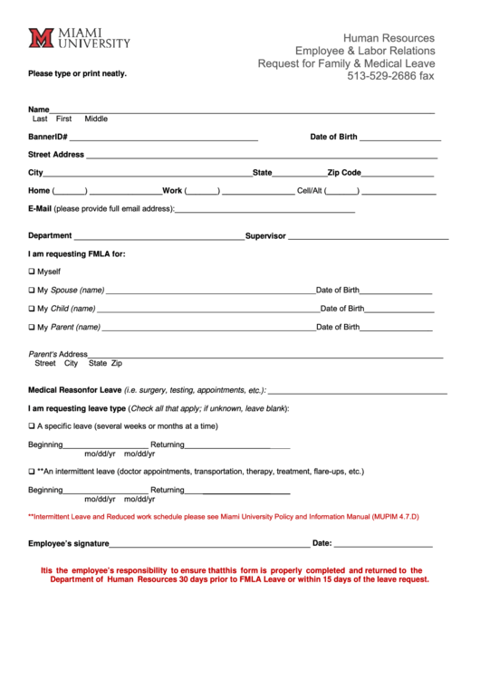 Fillable Miami University Employee & Labor Relations Request For Family & Medical Leave Printable pdf