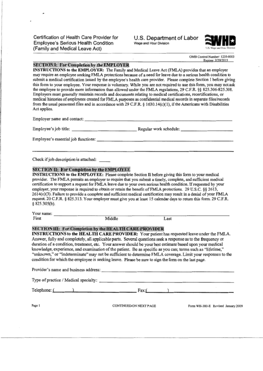 Form Wh-380-E - Certification Of Health Care Provider For Employee