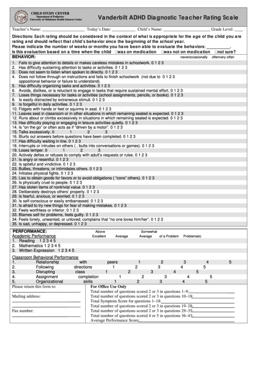 Printable Vanderbelt Adhd Form Teacher Printable Forms Free Online