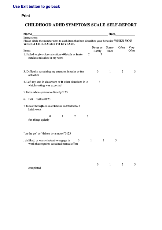 Childhood Adhd Symptoms Scale Chart - Self-Report Printable pdf