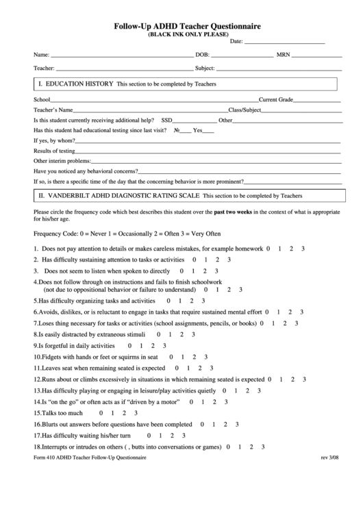 Form 410 - Follow-Up Adhd Teacher Questionnaire Printable pdf