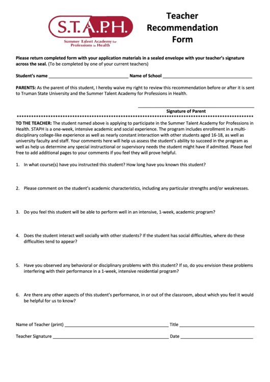 Staph Teacher Recommendation Form Printable pdf