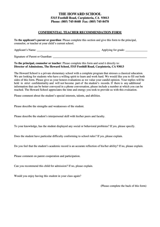 Confidential Teacher Recommendation Form Printable pdf