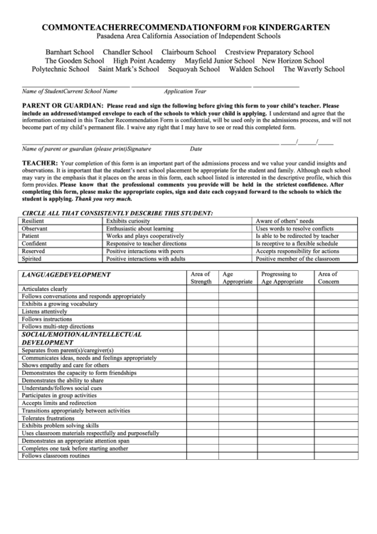 Common Teacher Recommendation Form For Kindergarten Printable pdf