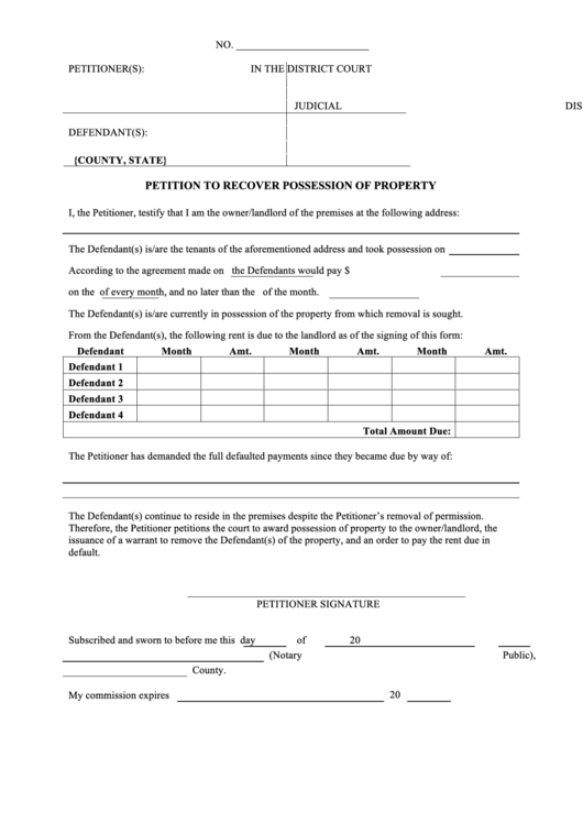 Petition To Recover Possession Of Property Printable pdf