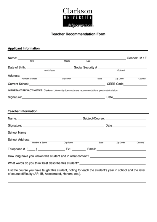 Teacher Recommendation Form Printable pdf
