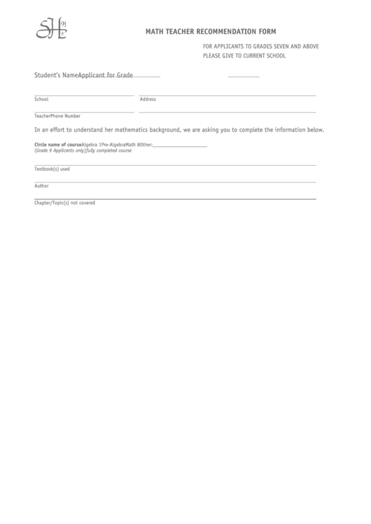 Math Teacher Recommendation Form Printable pdf