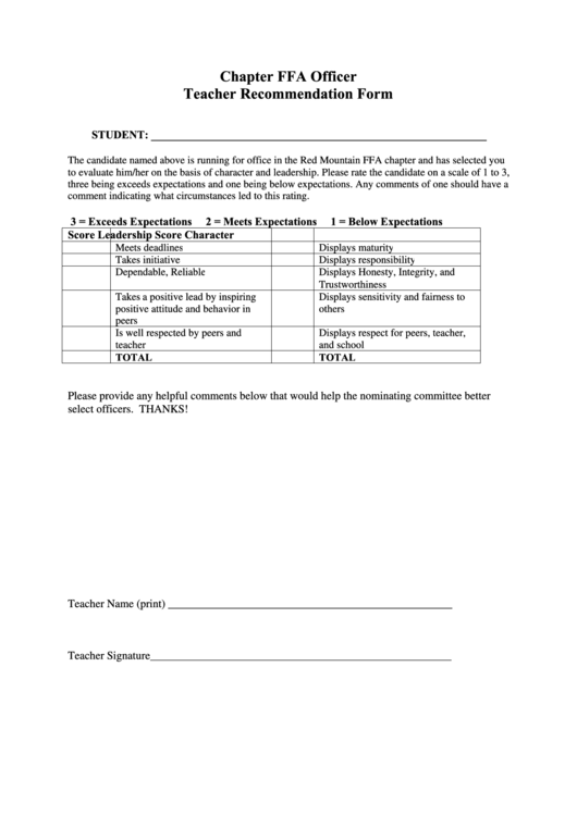 Chapter Ffa Officer Teacher Recommendation Form Printable pdf