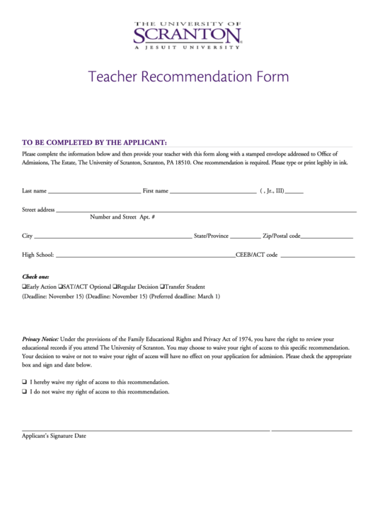 Scranton University Teacher Recommendation Form Printable pdf