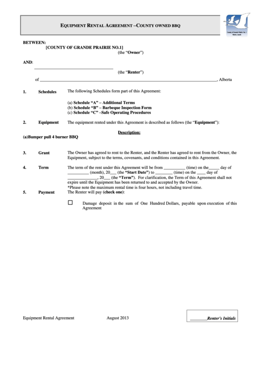 Equipment Rental Agreement Template - County Owned Bbq Printable pdf