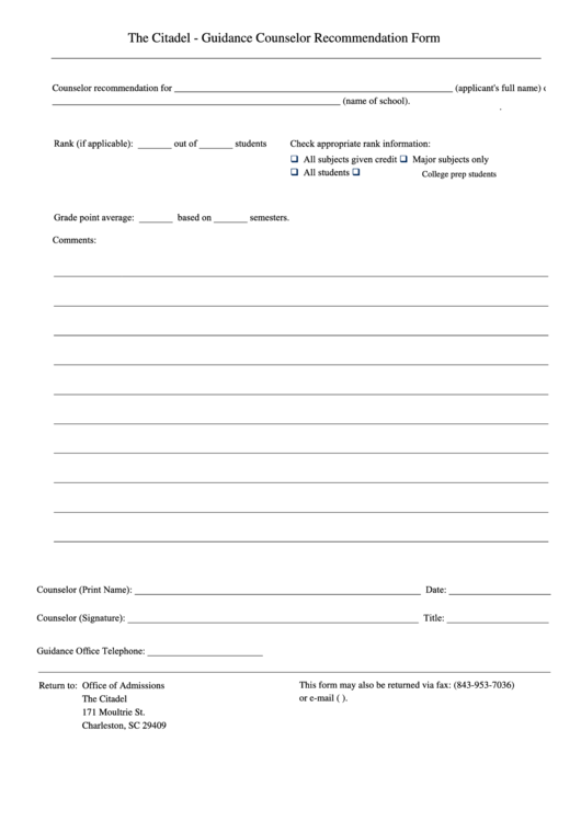 Fillable Guidance Counselor Recommendation Form Printable pdf