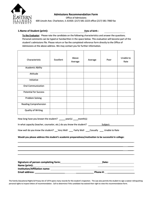 Easterns Illinois University Admissions Recommendation Form Printable pdf