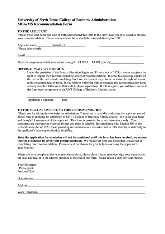 University Of North Texas College Of Business Administration Mba Ms Recommendation Form Printable pdf