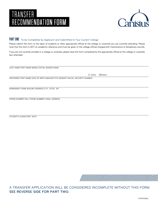 Canisius Transfer Recommendation Form Printable pdf