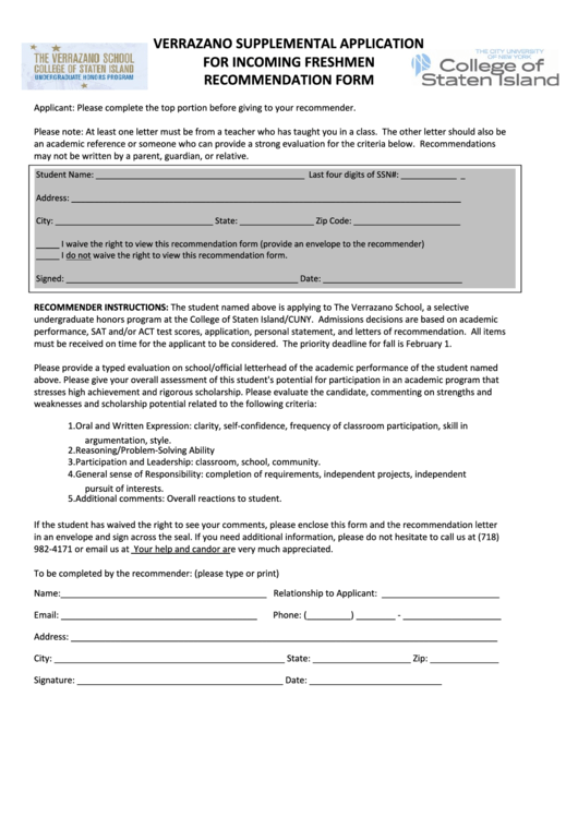 Fillable Recommendation Form Printable pdf
