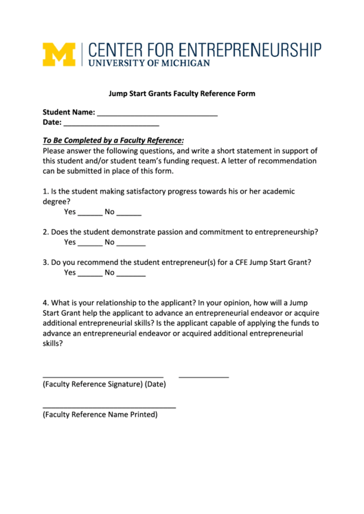 Jump Start Grants Faculty Reference Form Printable pdf