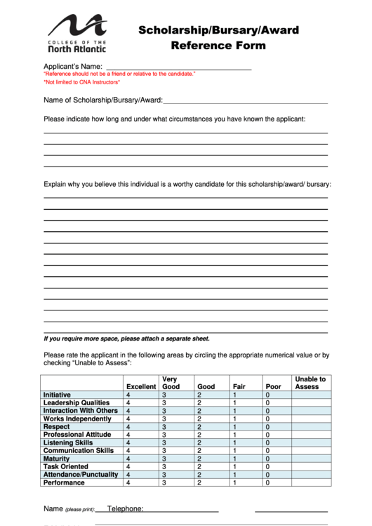 North Atlantic Scholarship Bursary Award Reference Form Printable pdf