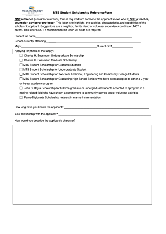 Fillable Mts Student Scholarship Reference Form Printable pdf