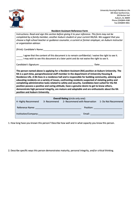 Resident Assistant Reference Form Printable pdf