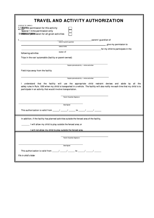 Fillable Travel And Activity Authorization Printable pdf