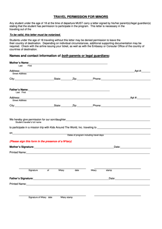 Travel Permission Form For Minors Printable pdf