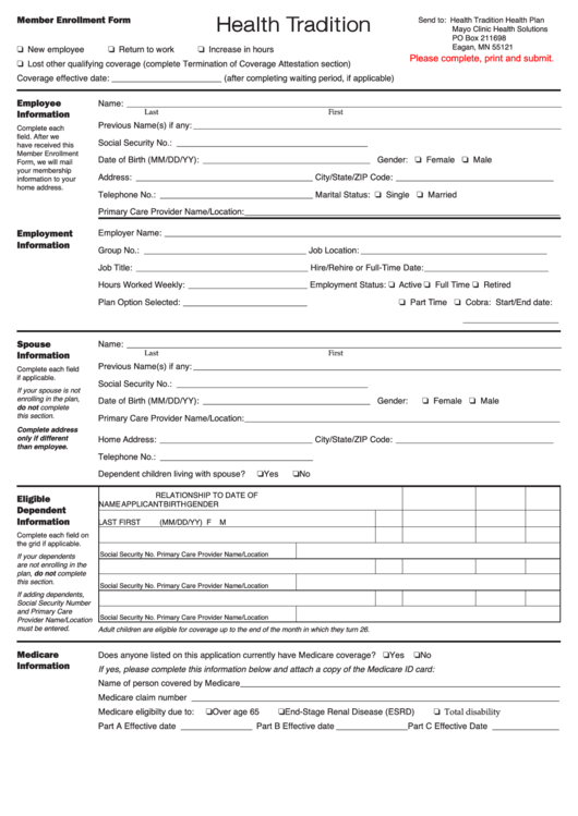 Fillable Health Tradition Member Enrollment Form Printable pdf