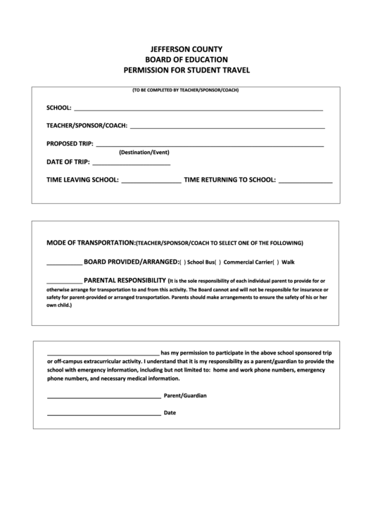 Permission For Student Travel Printable pdf