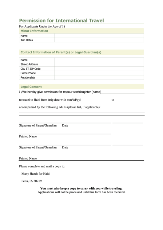 Permission For International Travel Printable pdf