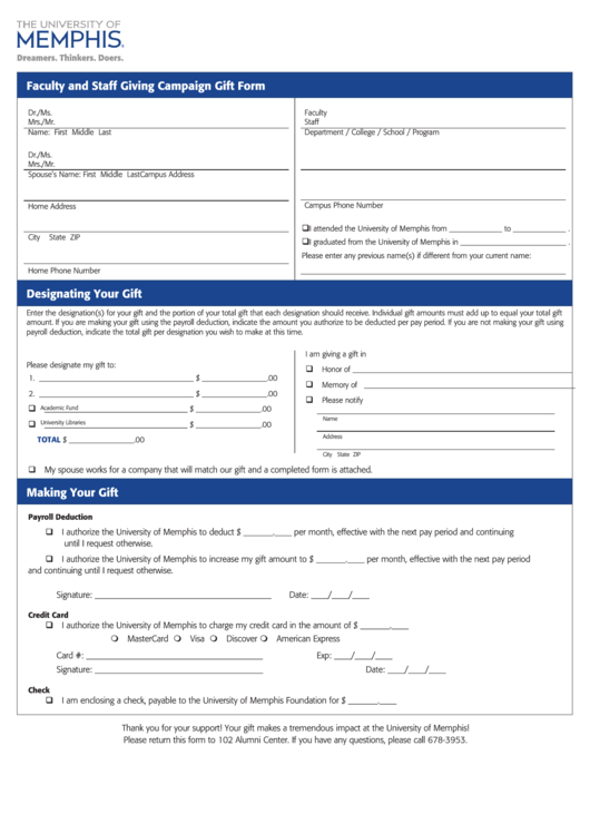 Fillable University Of Memphis Faculty And Staff Giving Campaign Gift Form Printable pdf