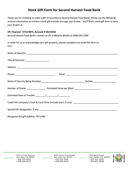 Stock Gift Form For Second Harvest Food Bank Printable pdf