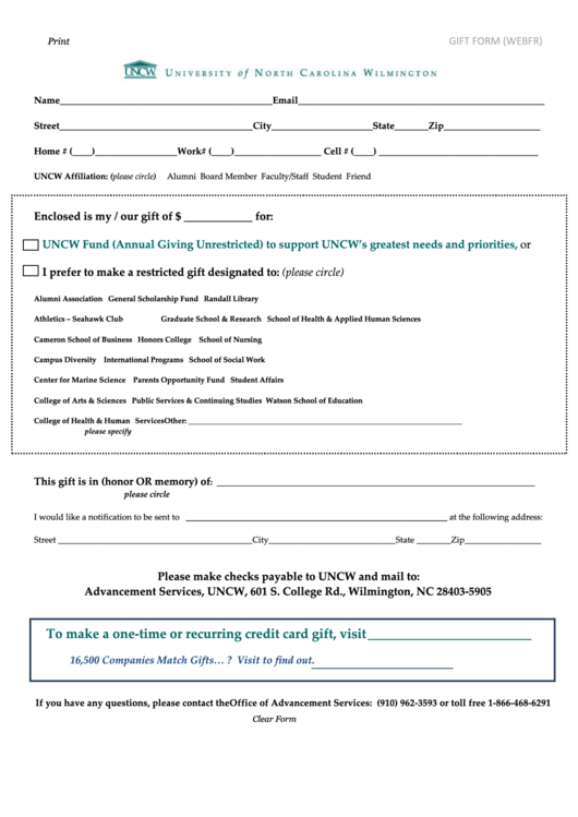 Fillable Financial Gift Form - University Of North Carolina Wilmington Printable pdf