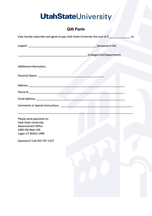 Fillable Utah State University Gift Form Printable pdf